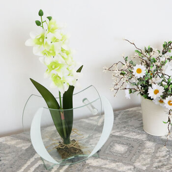 花瓶 モダンテイスト ガラス花瓶 グラスアート ホワイト＆ライトグリーン 造花付き 送料無料-6