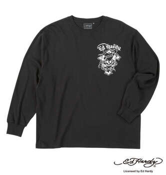 大きいサイズ Ed Hardy 天竺プリント長袖Tシャツ 3L 4L 5L 6L ブラック×シルバー ラッピング可 送料無料 即日発送-1