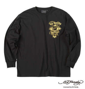 大きいサイズ Ed Hardy 天竺プリント長袖Tシャツ 3L 4L 5L 6L ブラック×ゴールド ラッピング可 送料無料 即日発送-1