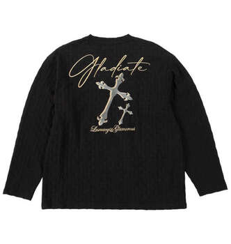 大きいサイズ GLADIATE 刺繍ブロックジャガード長袖VネックTシャツ 3L 4L 5L 6L ブラック ラッピング可 送料無料 即日発送-1