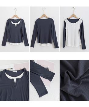 レイヤード風Tシャツ スリットネック秋服 送料無料 即日発送-9