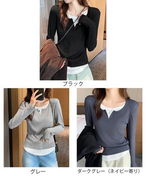レイヤード風Tシャツ スリットネック秋服 送料無料 即日発送-1