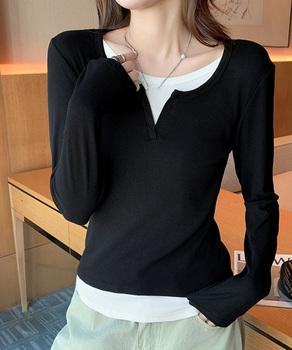 レイヤード風Tシャツ スリットネック秋服 送料無料 即日発送-2