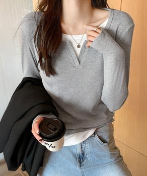 レイヤード風Tシャツ スリットネック秋服 送料無料 即日発送-4