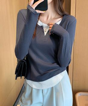 レイヤード風Tシャツ スリットネック秋服 送料無料 即日発送-7