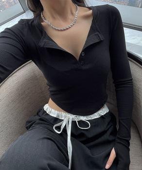 長袖Tシャツ レディース ボタン 無地 送料無料 即日発送-3