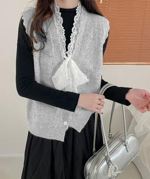 ニットベストネックラインレースニットジレ 送料無料 即日発送-2