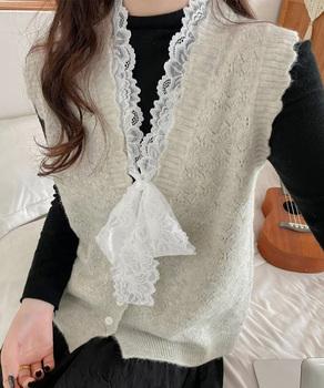 ニットベストネックラインレースニットジレ 送料無料 即日発送-3