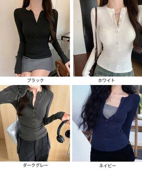 ハーフボタンカットソー長袖タイトTシャツ 送料無料 即日発送-1