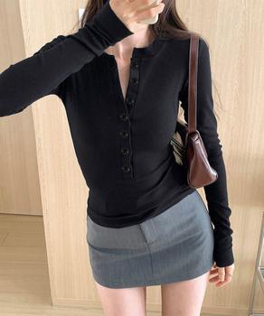 ハーフボタンカットソー長袖タイトTシャツ 送料無料 即日発送-2