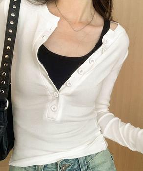 ハーフボタンカットソー長袖タイトTシャツ 送料無料 即日発送-5