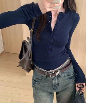 ハーフボタンカットソー長袖タイトTシャツ 送料無料 即日発送-7