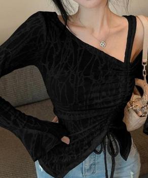 ワンオフショルダーレースTシャツギャザー 送料無料 即日発送-2