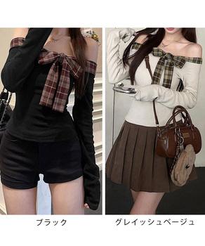 オフショルダー長袖Tシャツチェックリボン 送料無料 即日発送-1