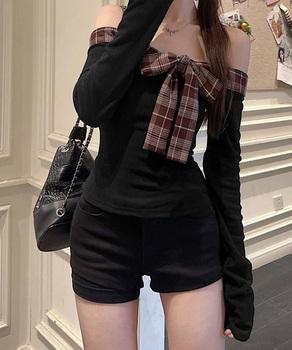 オフショルダー長袖Tシャツチェックリボン 送料無料 即日発送-4