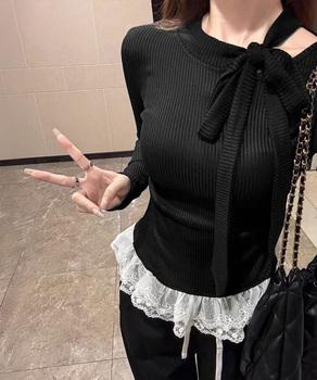 リボンネックニット 裾レースカットソー秋 送料無料 即日発送-2