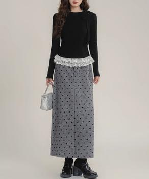 リボンネックニット 裾レースカットソー秋 送料無料 即日発送-3