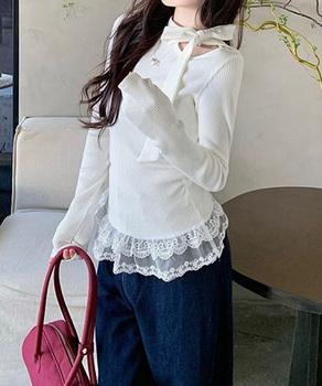 リボンネックニット 裾レースカットソー秋 送料無料 即日発送-4