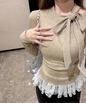 リボンネックニット 裾レースカットソー秋 送料無料 即日発送-5