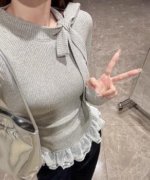 リボンネックニット 裾レースカットソー秋 送料無料 即日発送-6