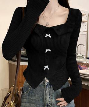 リボンニットトップス スクエアネック秋服 送料無料 即日発送-2