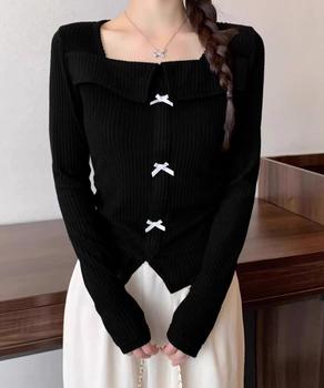 リボンニットトップス スクエアネック秋服 送料無料 即日発送-3