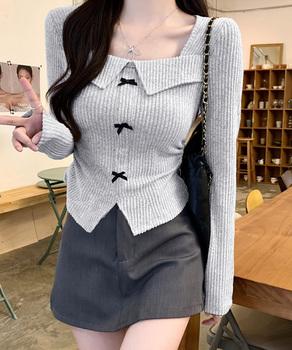 リボンニットトップス スクエアネック秋服 送料無料 即日発送-5