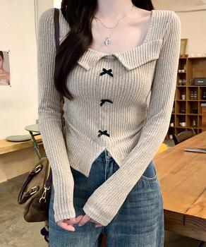リボンニットトップス スクエアネック秋服 送料無料 即日発送-6