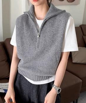 ハーフジップ ニットベストスタンドカラー 送料無料 即日発送-4