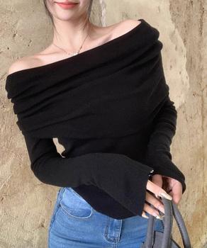 ワイドオフショルダーニットトップス肩出し 送料無料 即日発送-3