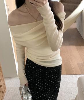 ワイドオフショルダーニットトップス肩出し 送料無料 即日発送-4