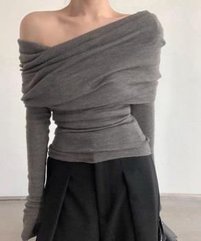 ワイドオフショルダーニットトップス肩出し 送料無料 即日発送-5
