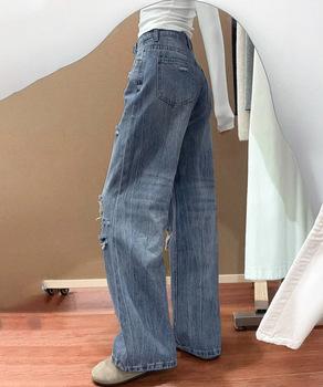 ダメージデニムパンツ ワイドレッグデニム　レディース ハイウエスト ロングパンツ ウォッシュ加工 送料無料 即日発送-3