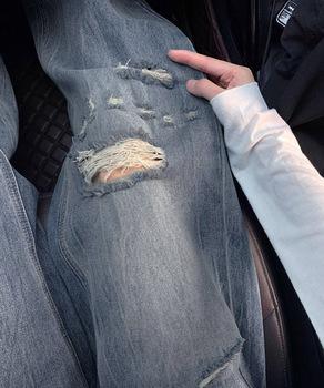 ダメージデニムパンツ ワイドレッグデニム　レディース ハイウエスト ロングパンツ ウォッシュ加工 送料無料 即日発送-6