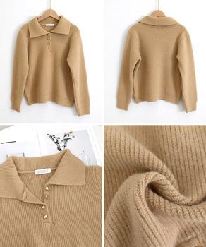 ポロカラーニットトップス ゴールドボタン 送料無料 即日発送-9