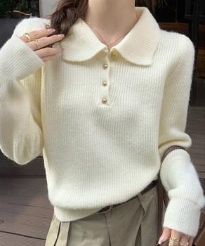 ポロカラーニットトップス ゴールドボタン 送料無料 即日発送-3