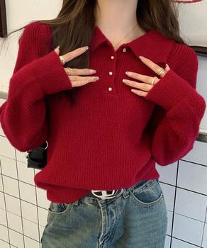 ポロカラーニットトップス ゴールドボタン 送料無料 即日発送-6