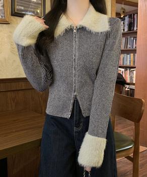 ダブルジップニットカーディガンショート丈　ファーカラー付き リブニットトップス 送料無料 即日発送-2