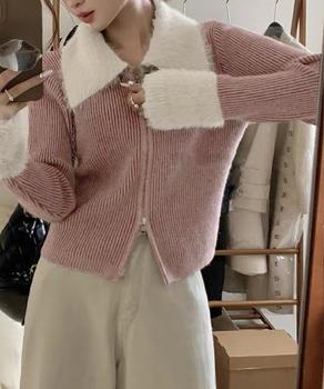 ダブルジップニットカーディガンショート丈　ファーカラー付き リブニットトップス 送料無料 即日発送-4