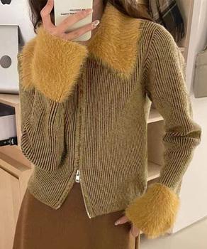 ダブルジップニットカーディガンショート丈　ファーカラー付き リブニットトップス 送料無料 即日発送-6