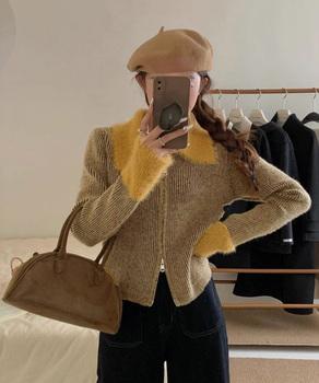 ダブルジップニットカーディガンショート丈　ファーカラー付き リブニットトップス 送料無料 即日発送-7