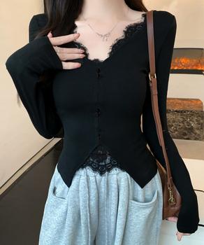 カットソー レース切り替え 長袖Tシャツ 送料無料 即日発送-2