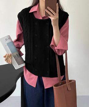 ケーブル編みニットベスト ダブルブレスト 送料無料 即日発送-2