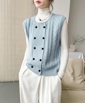 ケーブル編みニットベスト ダブルブレスト 送料無料 即日発送-6