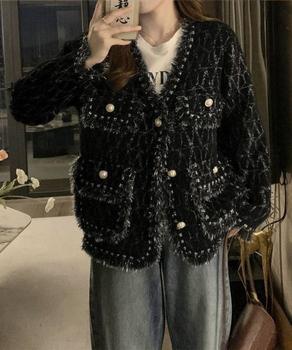 ツイード風ニットジャケットレディース上品 送料無料 即日発送-2