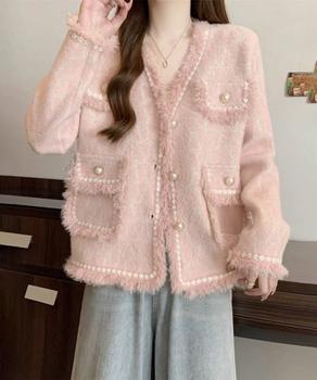 ツイード風ニットジャケットレディース上品 送料無料 即日発送-6