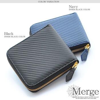 二つ折り財布 Merge カーボン加工×牛革ラウンドファスナー短財布 MG 1974 2色展開 コンパクト折財布 送料無料-3