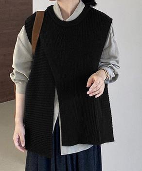 リブニットベスト 前後スリットニットジレ 送料無料 即日発送-2
