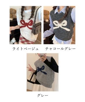 ニットベスト レディース ニットジレ ニットトップス ノースリーブ リボン柄 編み 送料無料 即日発送-1