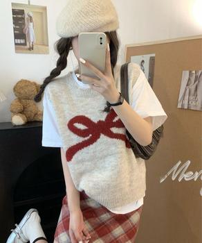 ニットベスト レディース ニットジレ ニットトップス ノースリーブ リボン柄 編み 送料無料 即日発送-2